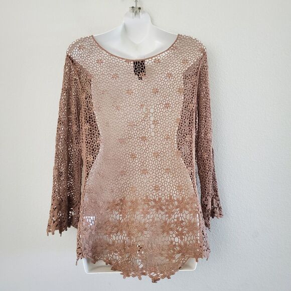 Bobeau Crochet Knit Top Small Brown Sheer Boho Floral Beachy Cover Up Festival - Picture 7 of 10